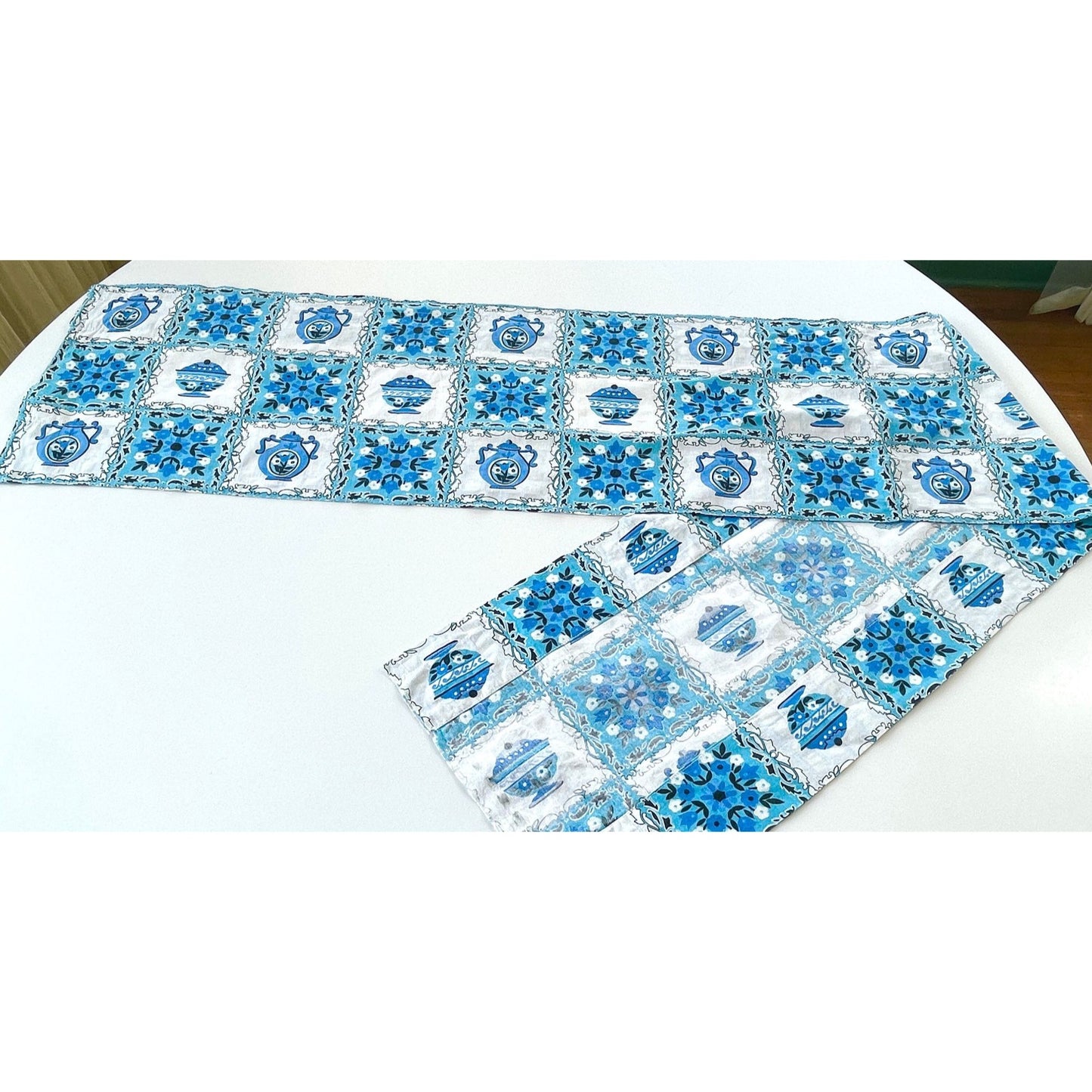 Vintage 70s curtain, blue and white valance