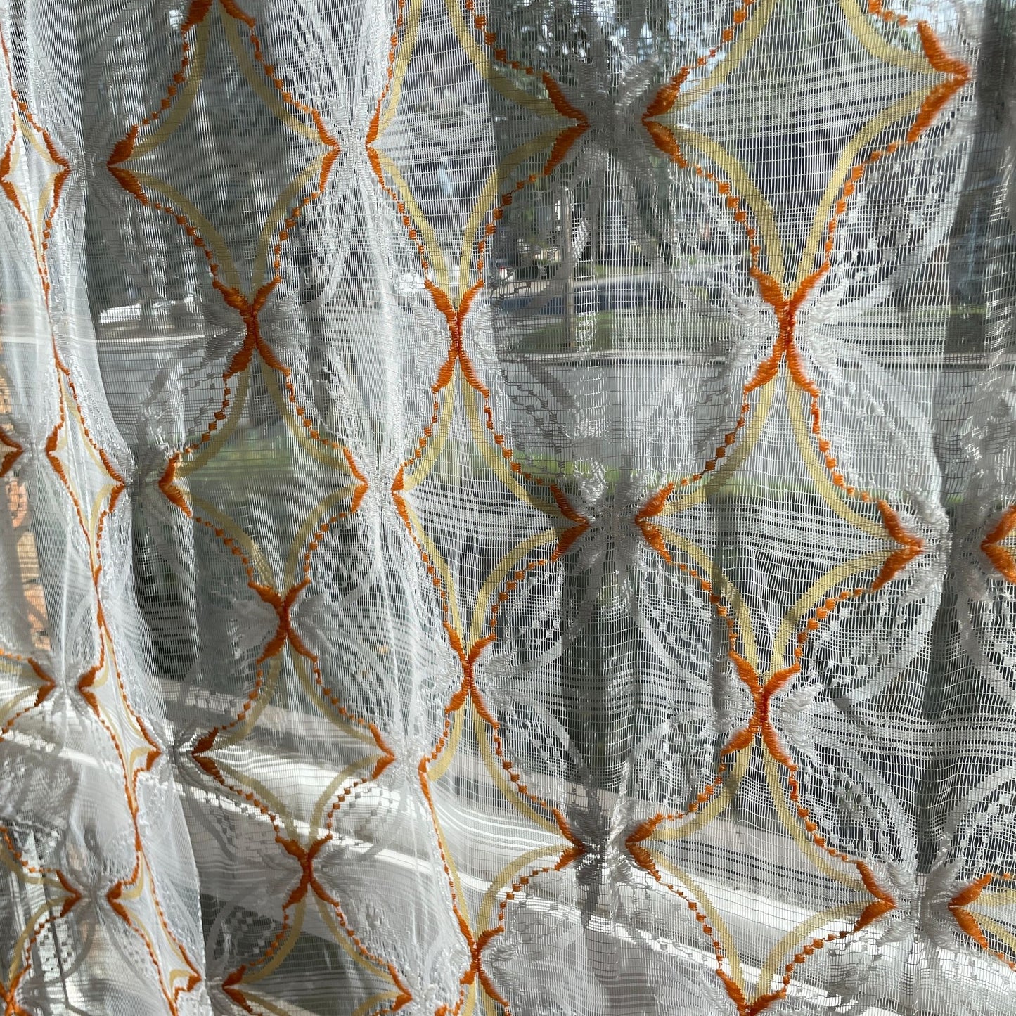 Vintage 70s geometric orange white mesh curtain