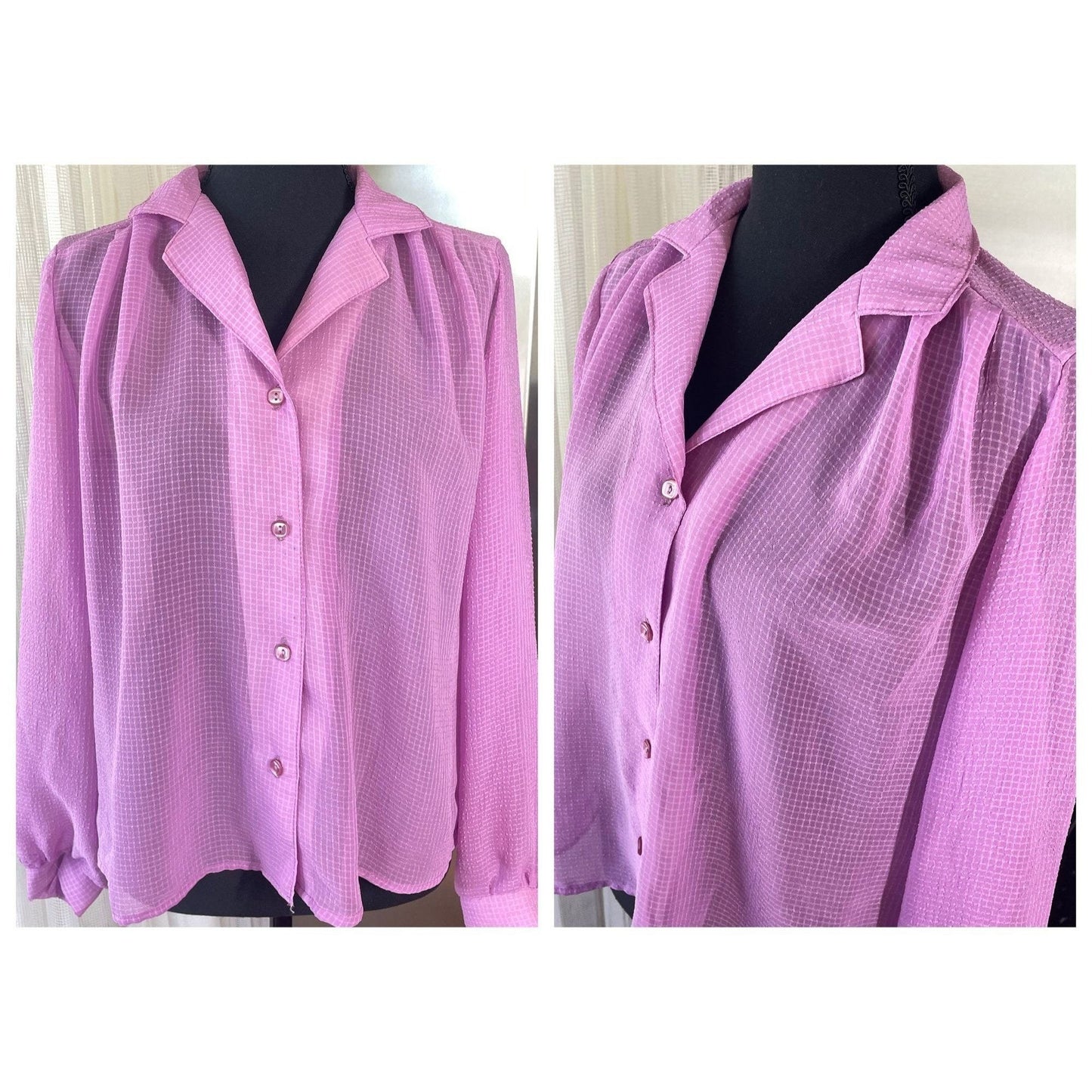 Vintage 80s sheer blouse, pink textured, long sleeves
