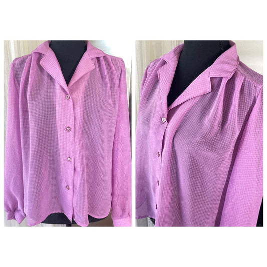 Vintage 80s sheer blouse, pink textured, long sleeves