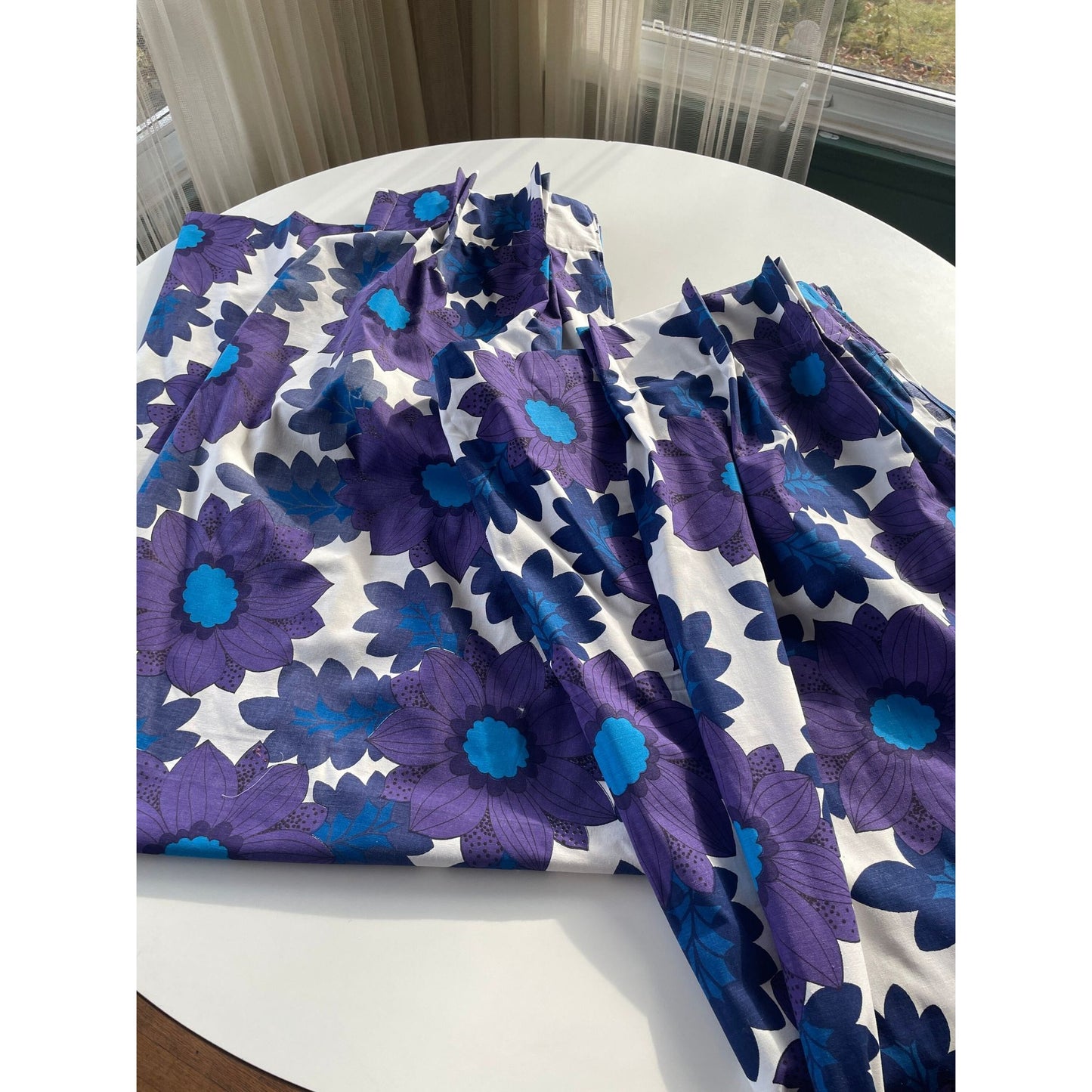 Vintage 70s pleated curtains, purple and blue flowers