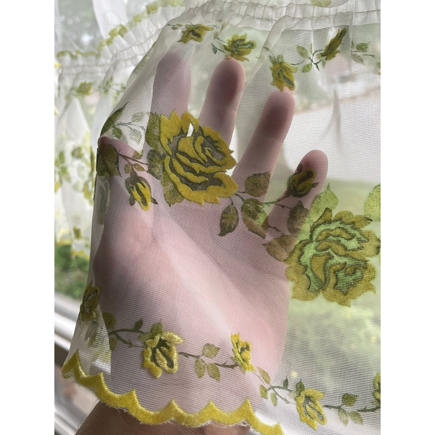Vintage 50s cafe curtains, flocked floral ruffled panels