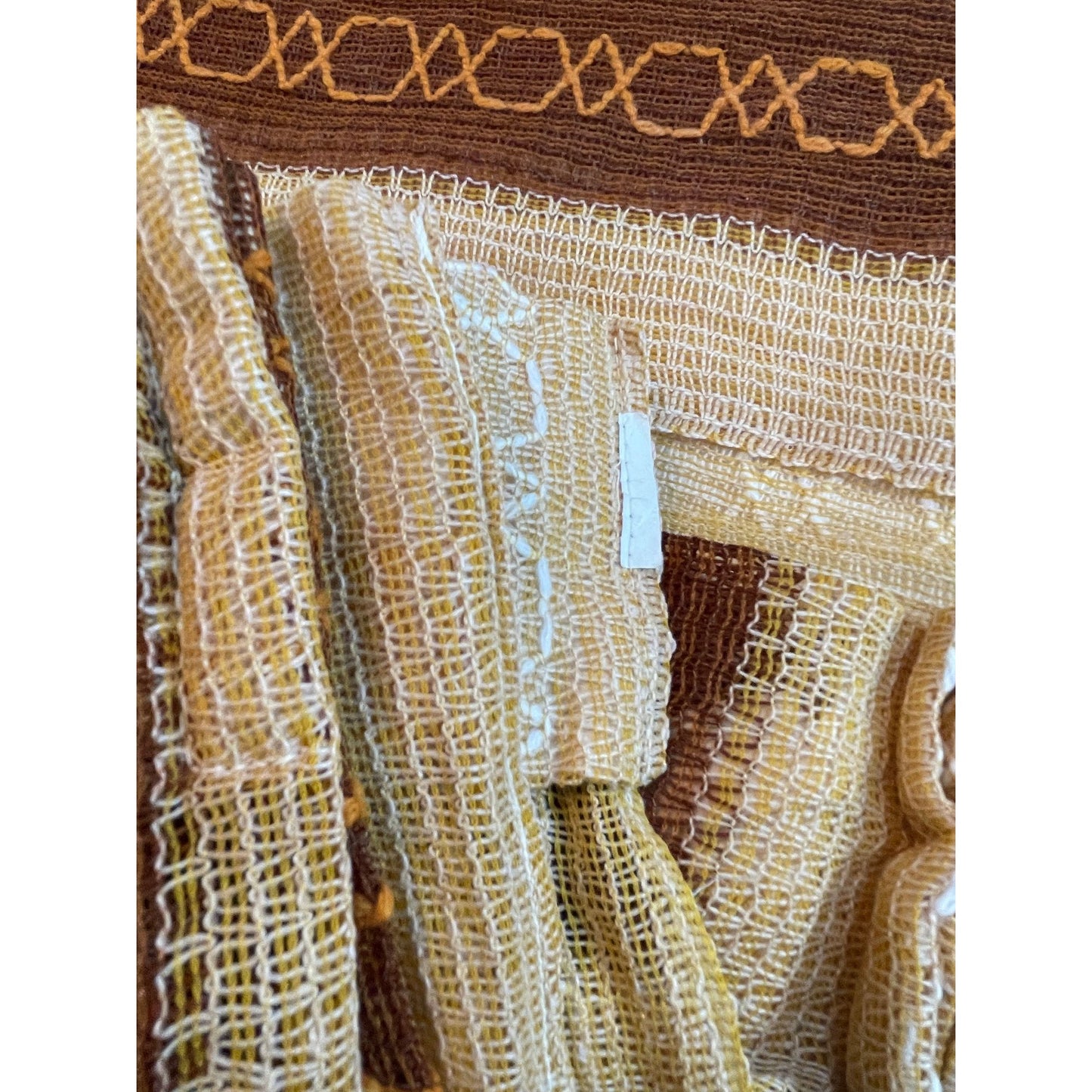 Vintage 70s net woven pleated curtains, brown stripes