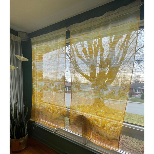 Vintage 70s curtains, green orange forest pattern, pair sheer panels