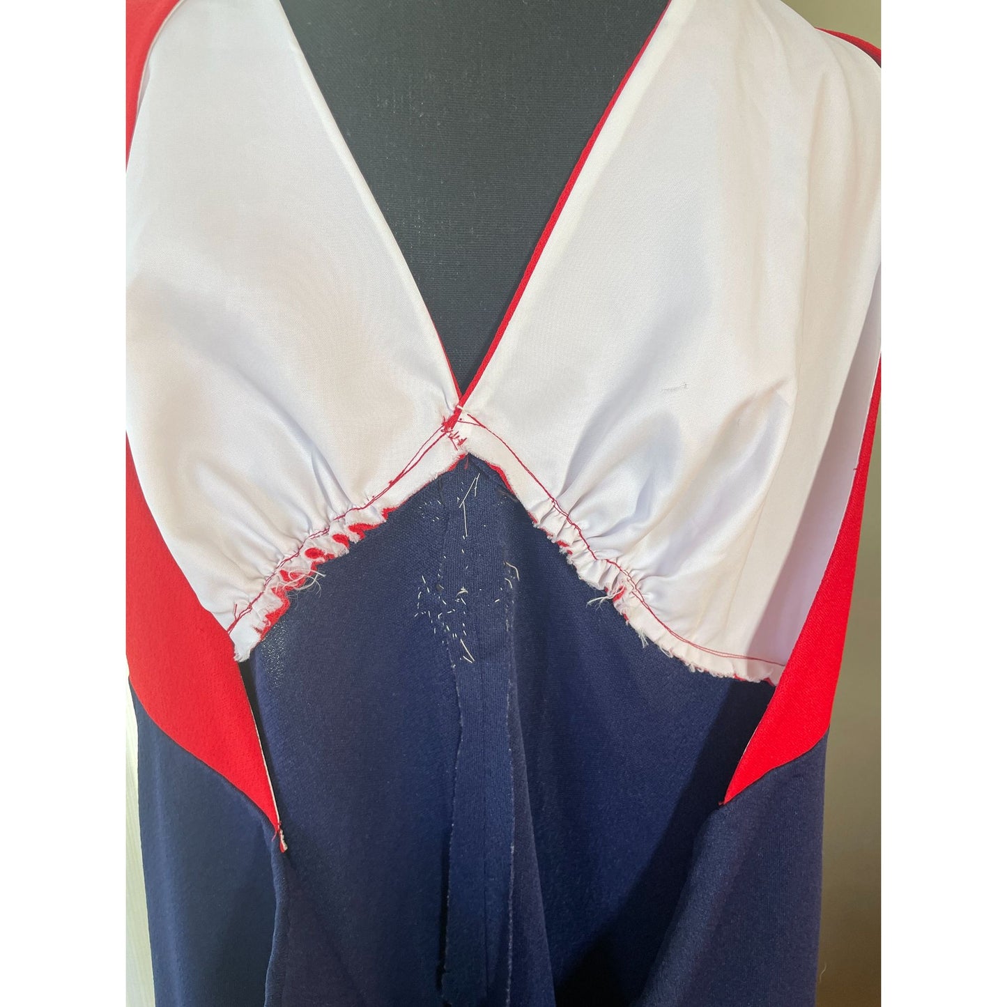 Vintage 70s halter dress, red and navy blue