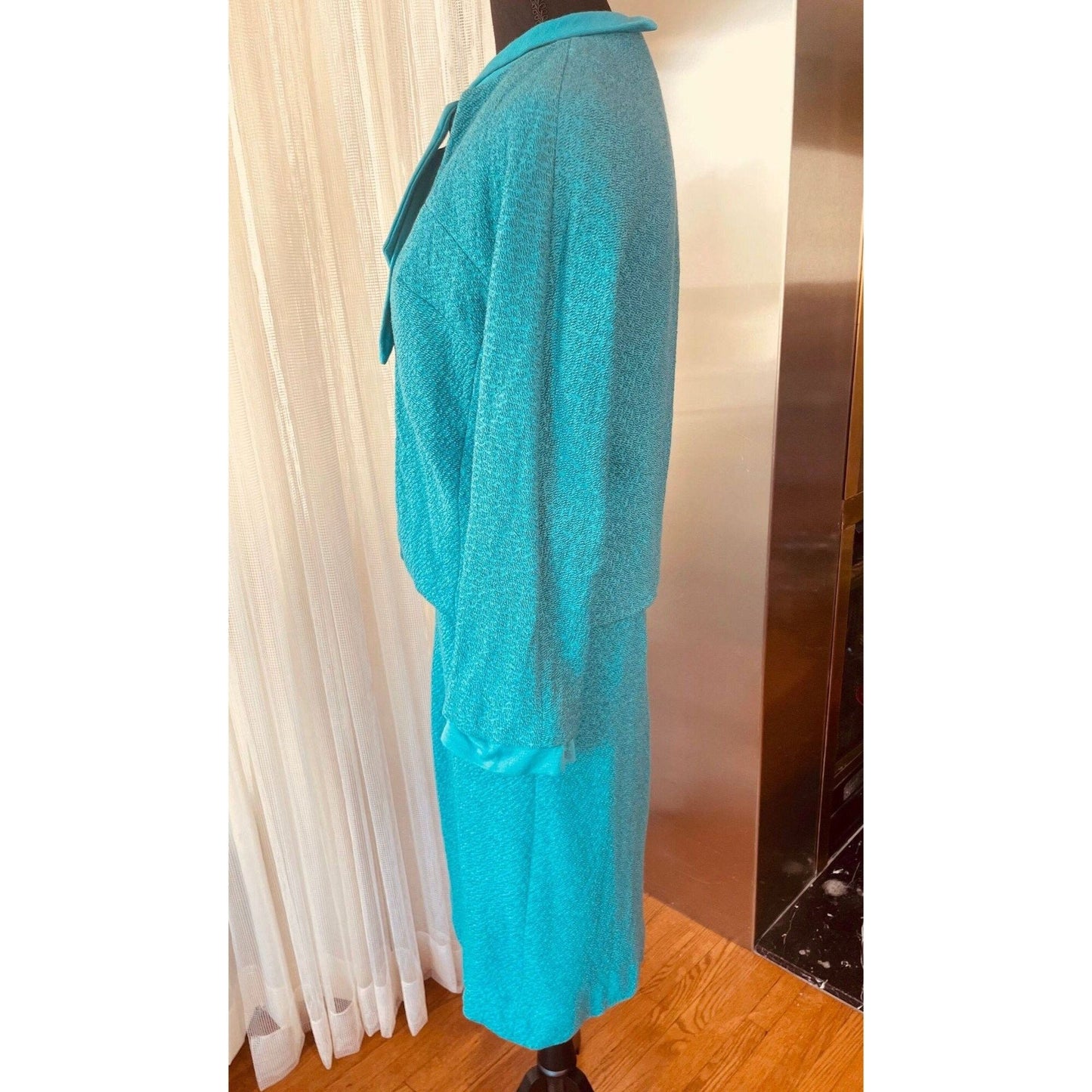 Vintage 1960s 3 pieces suit, 100% wool, teal jacket, top and straight skirt, AlJean