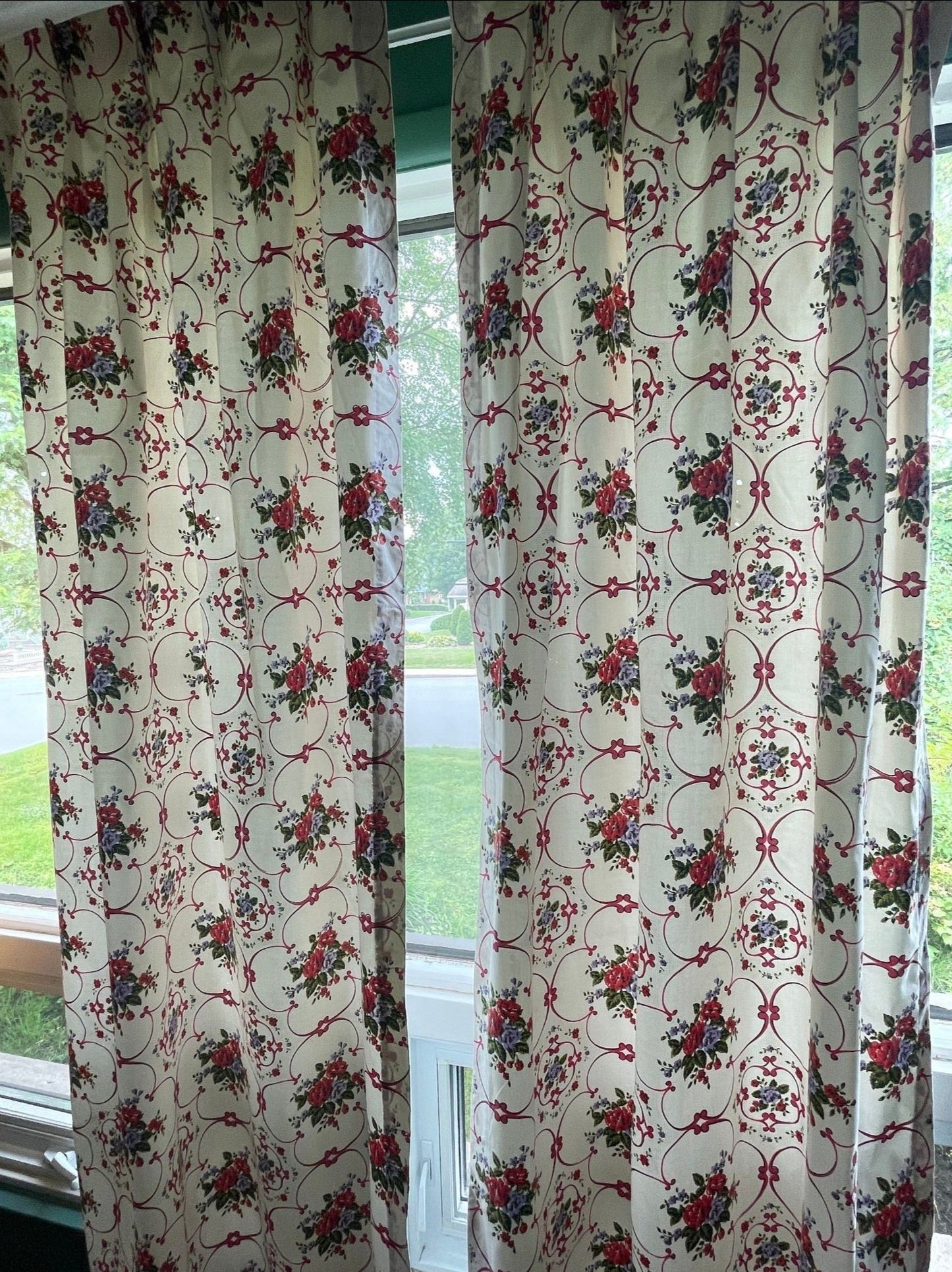 Vintage 60s pleated curtains, white pink floral, black out