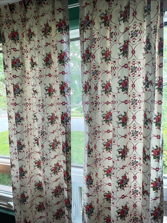 Vintage 60s pleated curtains, white pink floral, black out