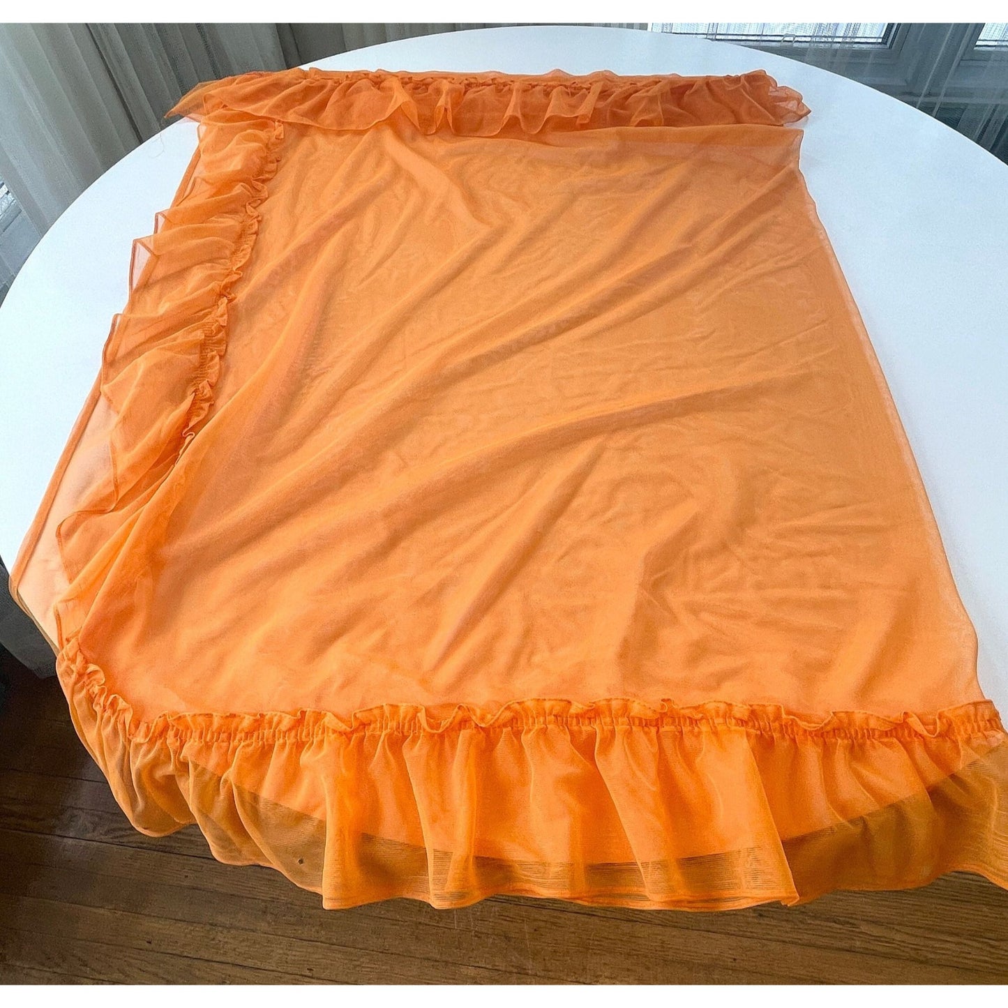 Vintage 70s curtains, orange sheer ruffled panels