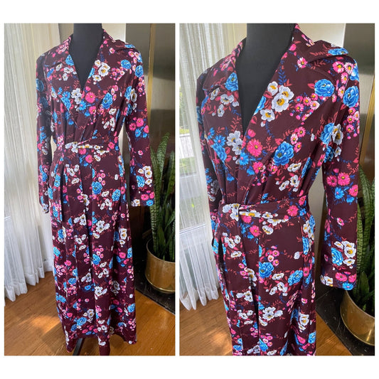 Vintage 70s house dress, burgundy red, blue and pink large flowers