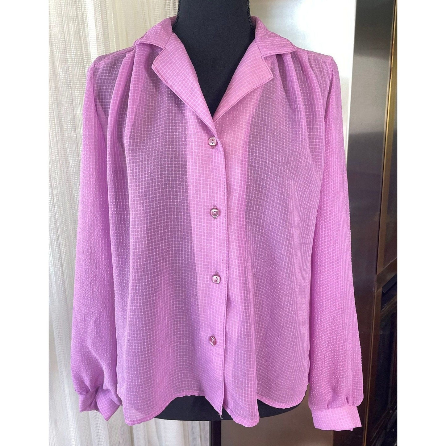 Vintage 80s sheer blouse, pink textured, long sleeves