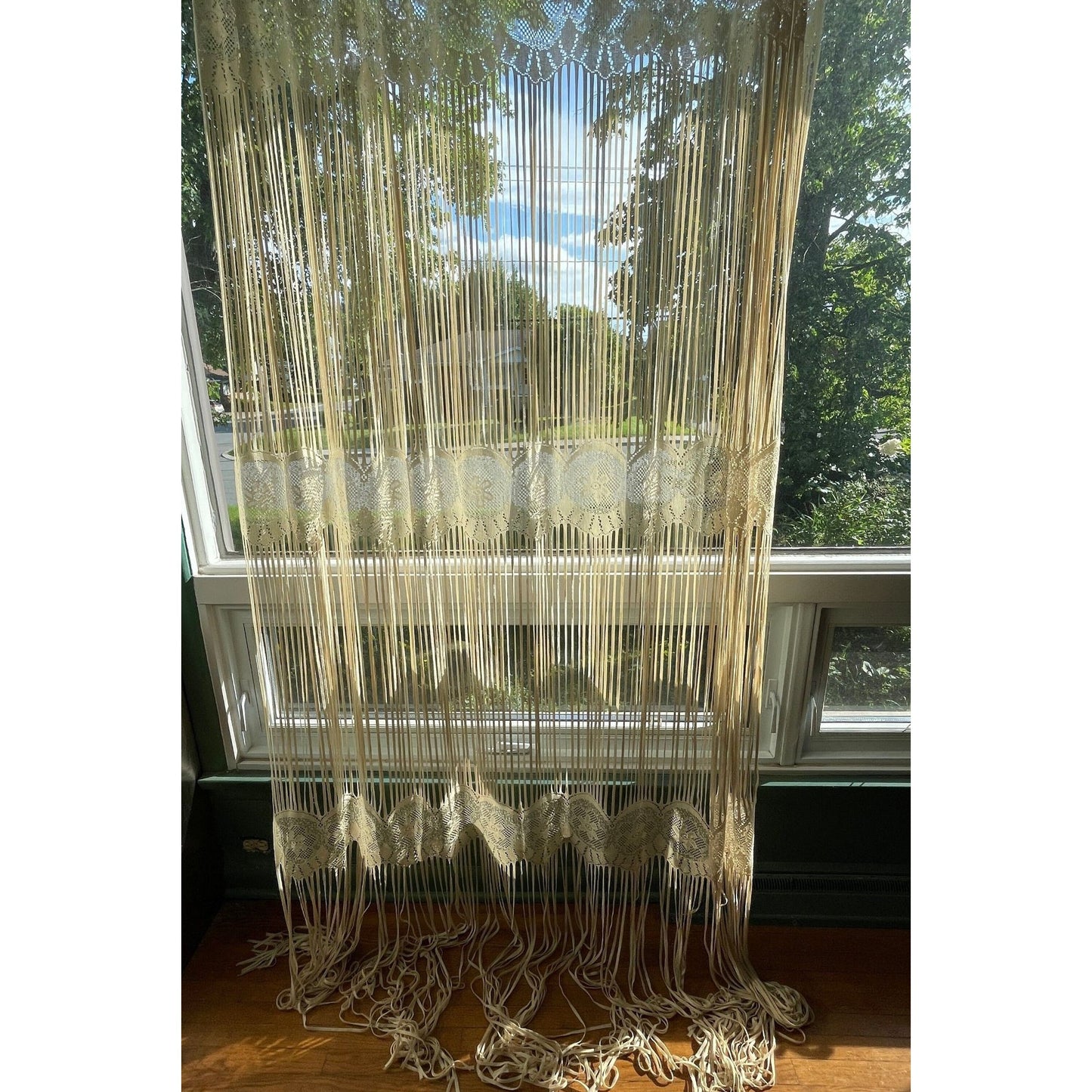 Vintage 90s curtain, fringed ecru panel