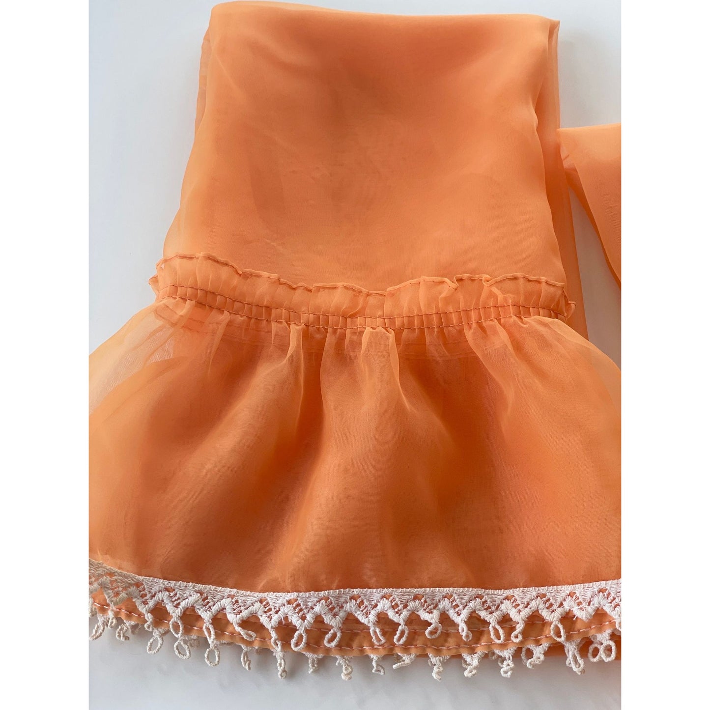 Vintage 70s curtains, pair of orange sheer ruffled panels