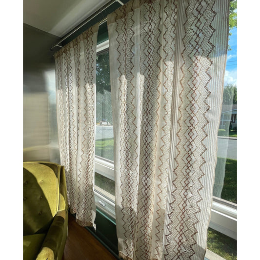 Vintage 70s net woven curtain, ecru, brown