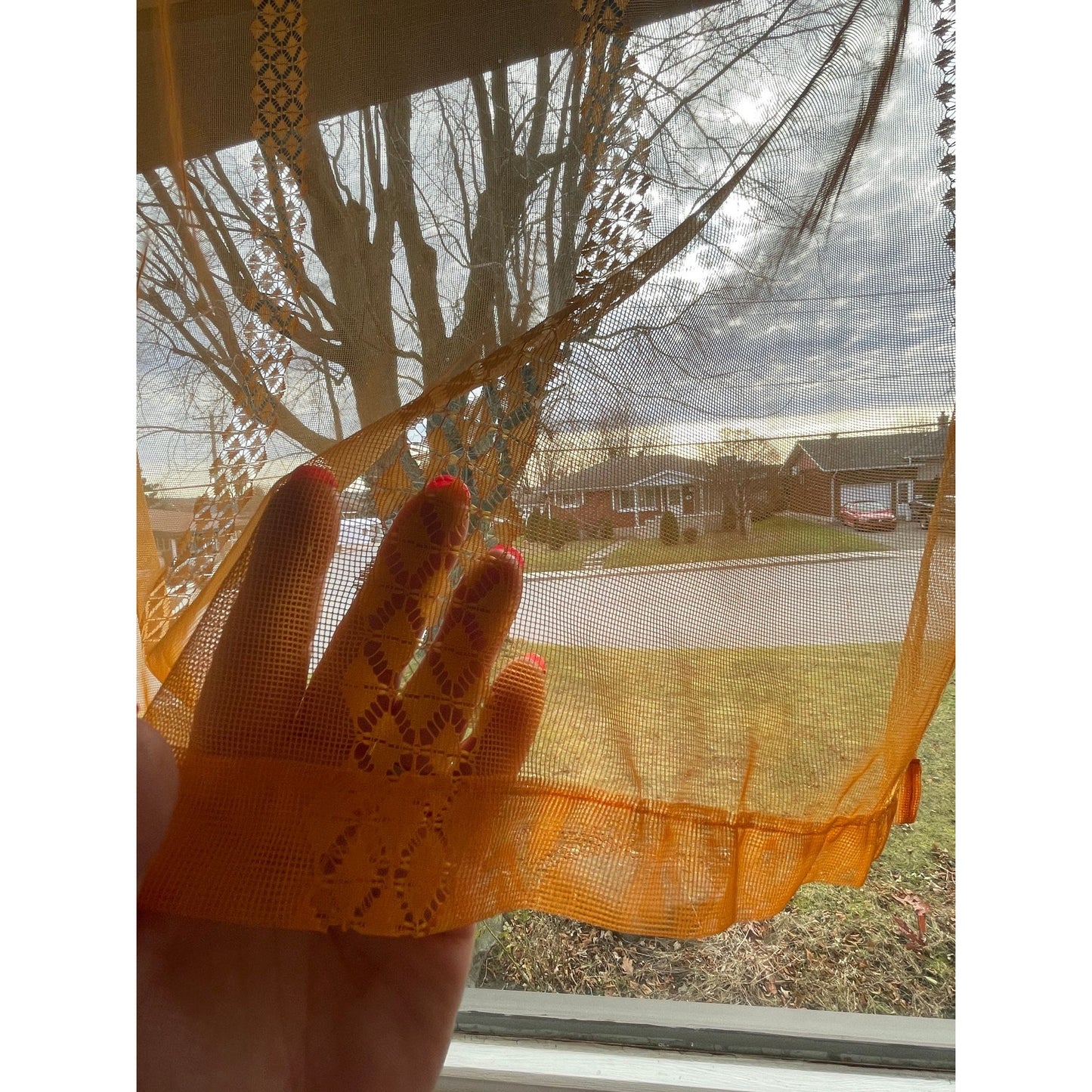 Vintage 70s curtains, pair orange mesh panels