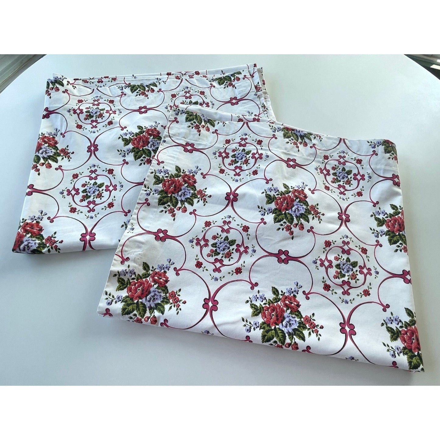 Vintage 60s black out curtains, red white floral
