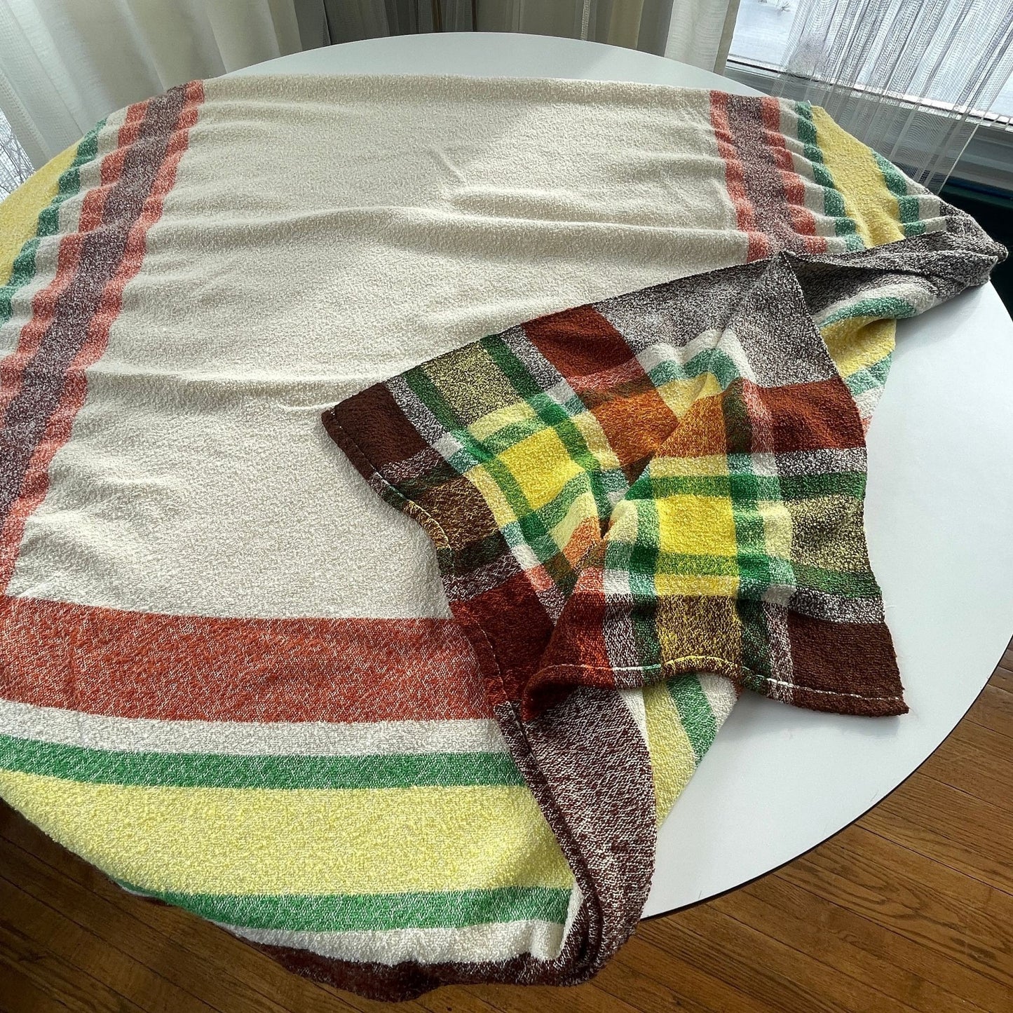 Vintage bed throw, beige brown plaid