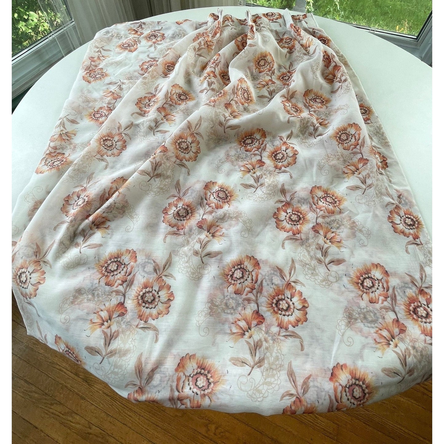 Vintage 60s sheer orange floral pleated curtain
