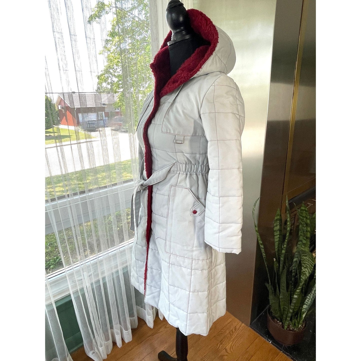 Vintage 70s parka, grey and burgundy hooded winter coat, Charell