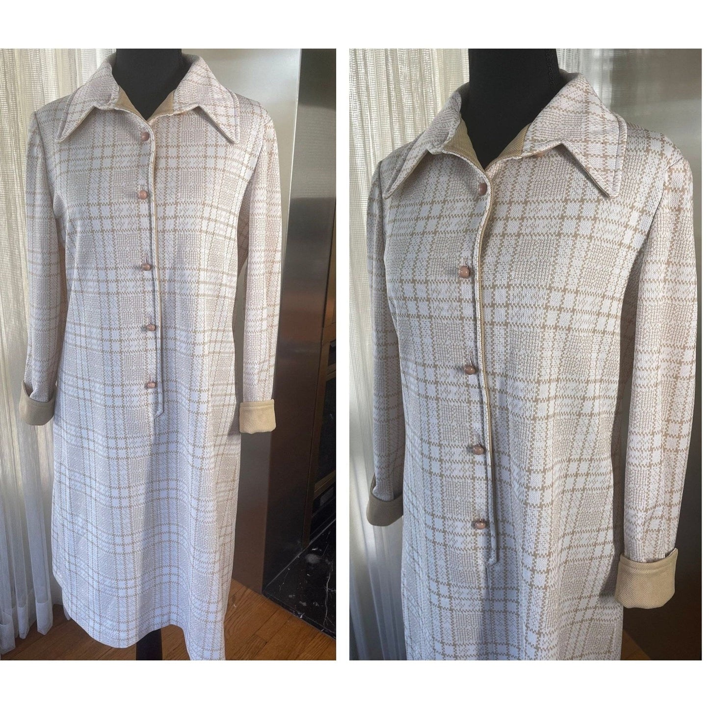Vintage 70s dress, tan buffalo check pattern, long sleeves, Leo Danal