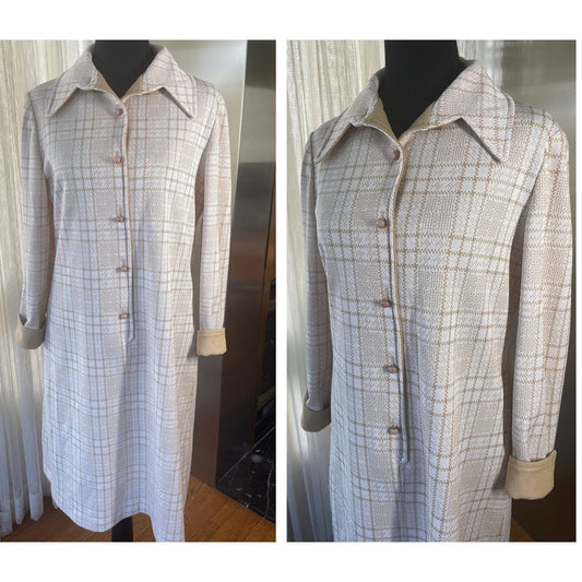 Vintage 70s dress, tan buffalo check pattern, long sleeves, Leo Danal