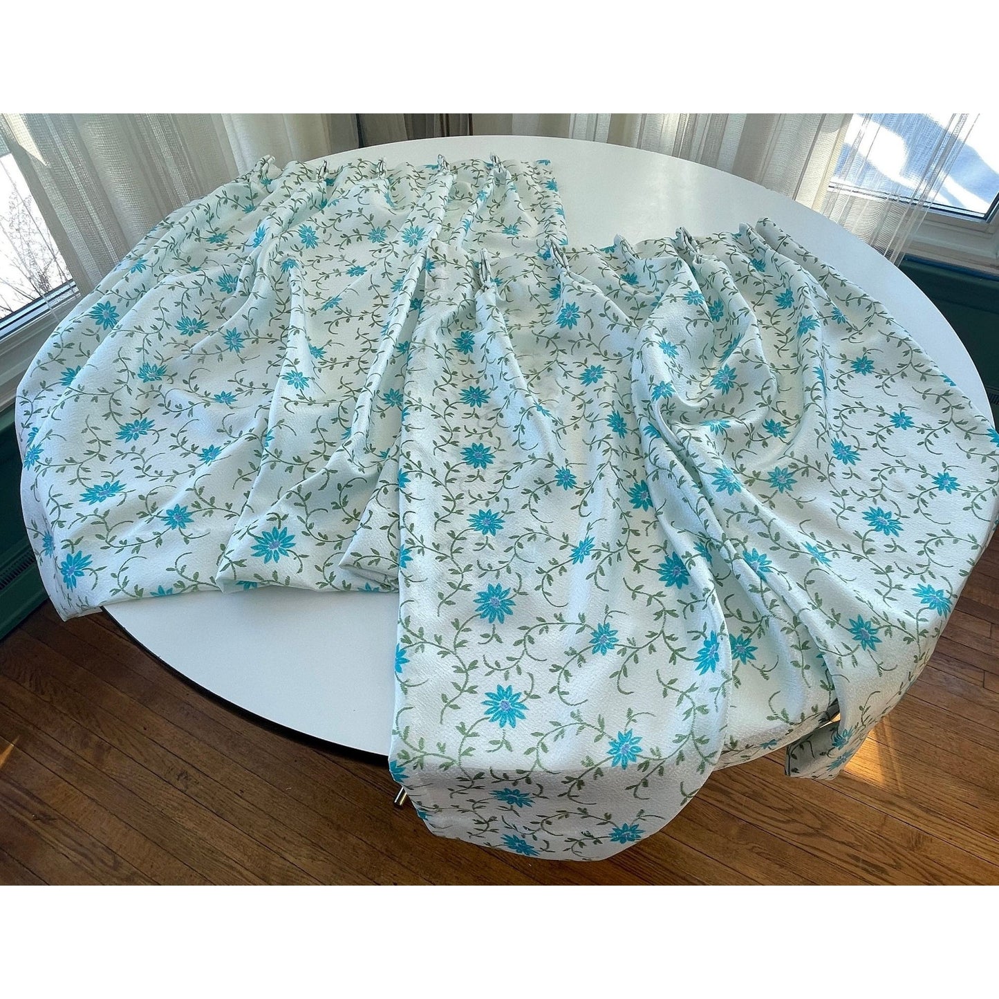Vintage 60s blue fowers pleated curtains panels