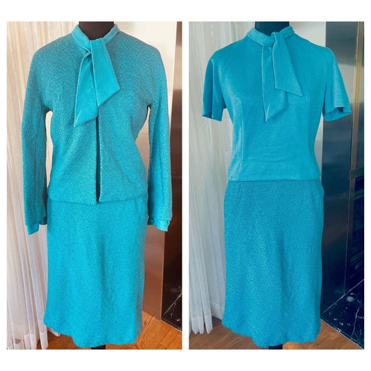 Vintage 1960s 3 pieces suit, 100% wool, teal jacket, top and straight skirt, AlJean