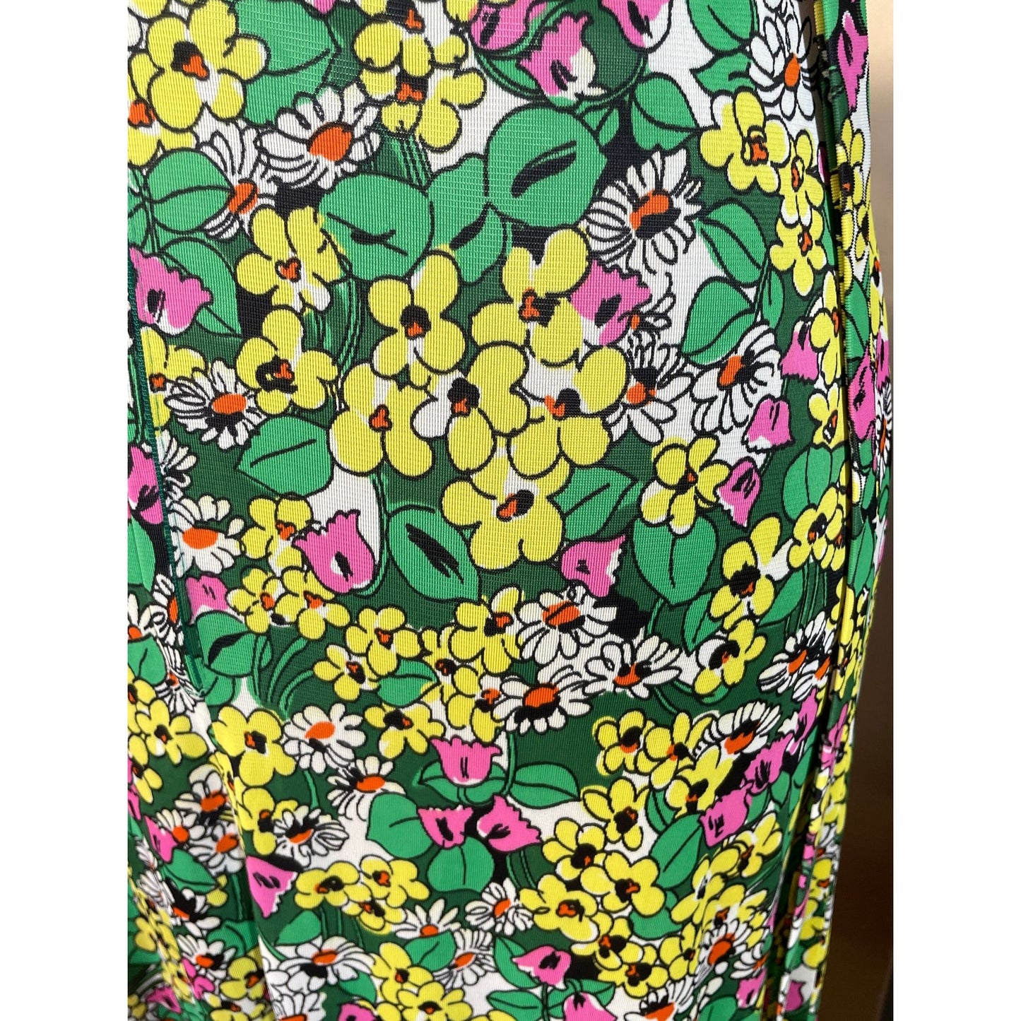 Vintage 1960s maxi dress, green, yellow and pink floral