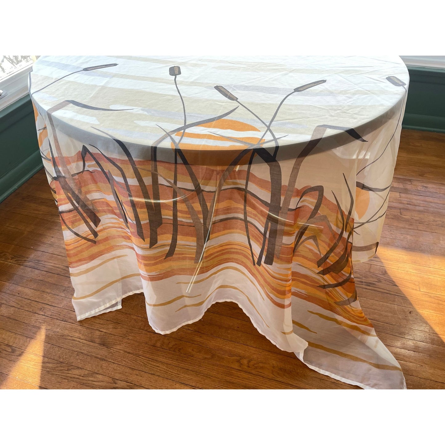 Vintage 70s shower curtain, cattail, orange sunset