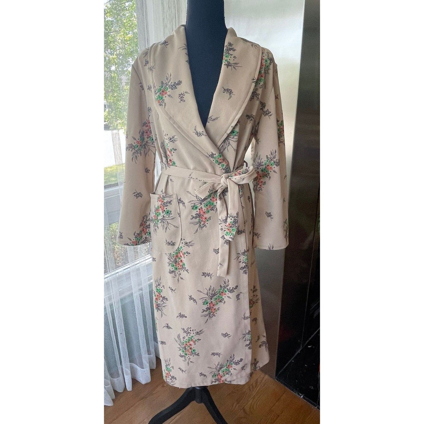 Vintage 70s house dress, light taupe with orange and green floral