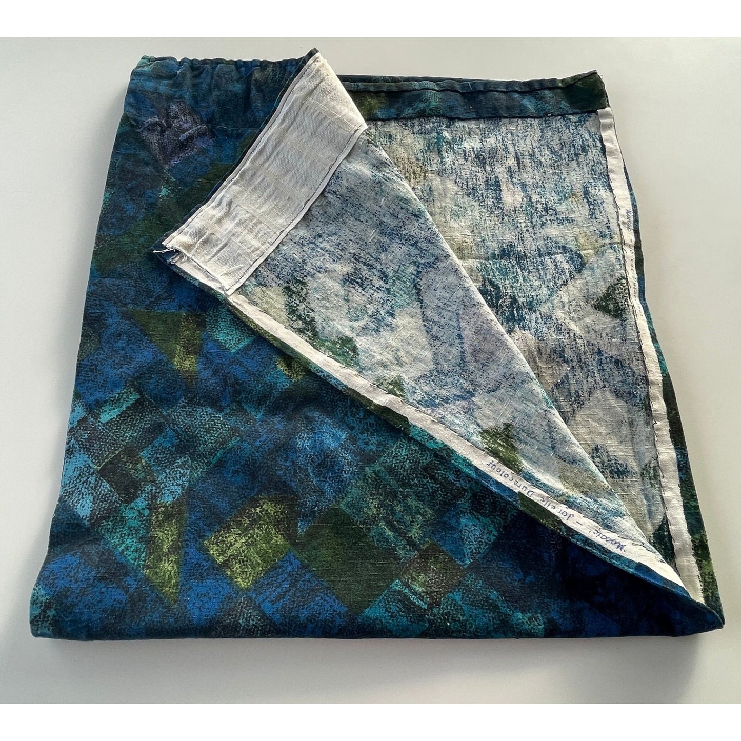Vintage 70s pleated curtain, blue, green and purple geometric pattern