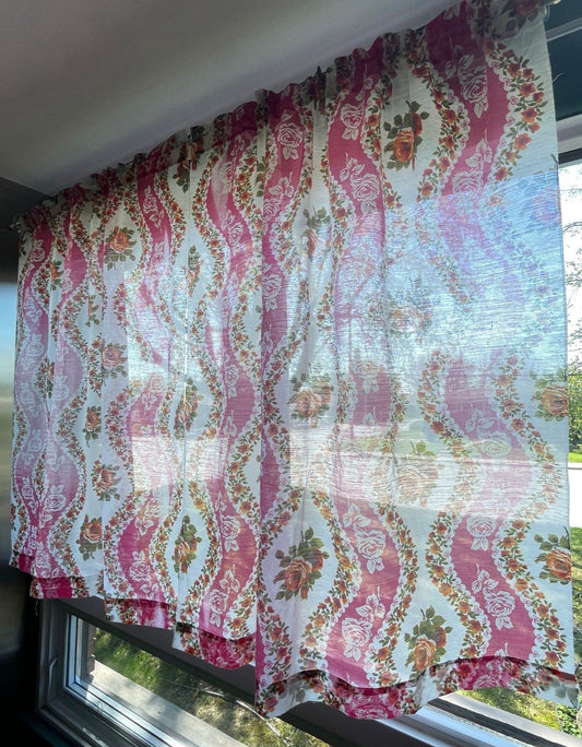 Vintage 70s curtains, pink floral sheer pair of panels