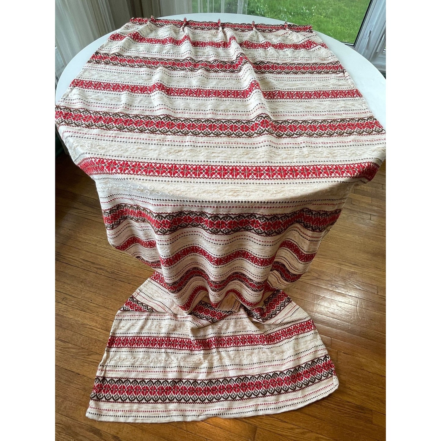 Vintage 70s pleated curtain panel, single panel, red brown stripes