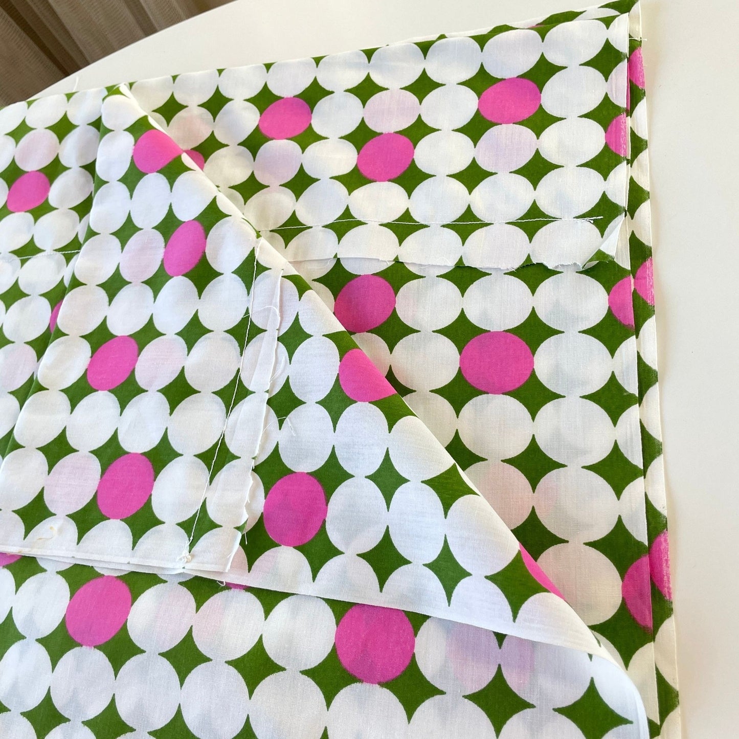 Vintage 70s curtain panels, hot pink and green geometric pattern