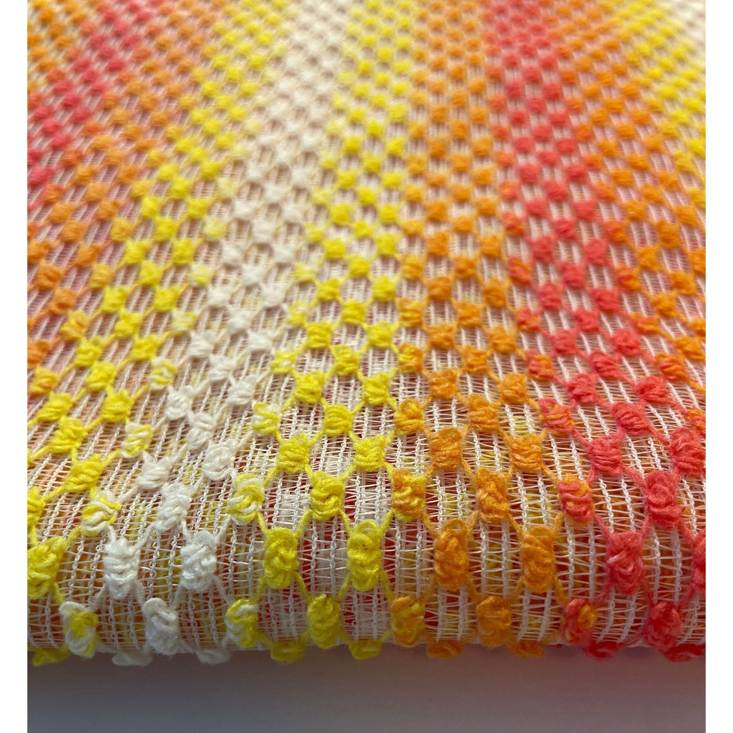 Vintage 70s curtain, orange yellow ombre pattern, mesh panel