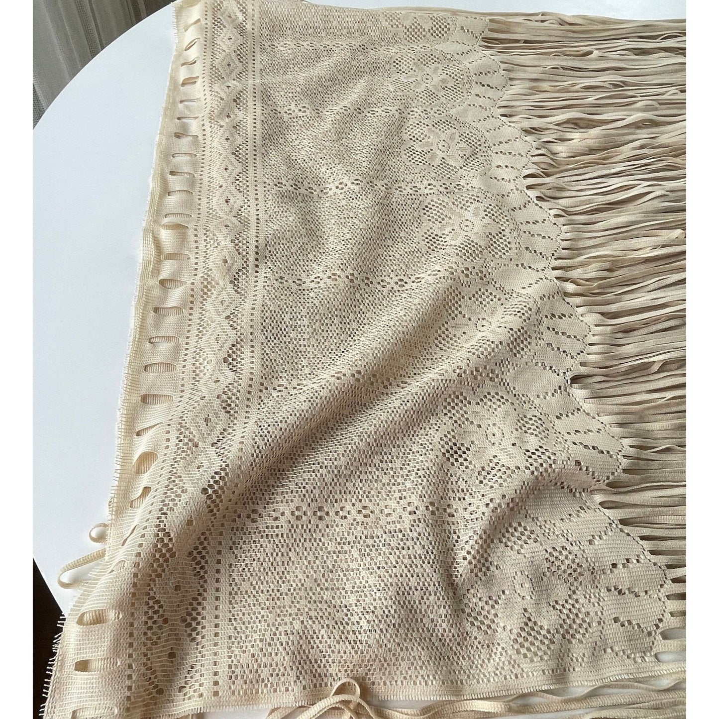 Vintage 90s curtain, fringed ecru panel