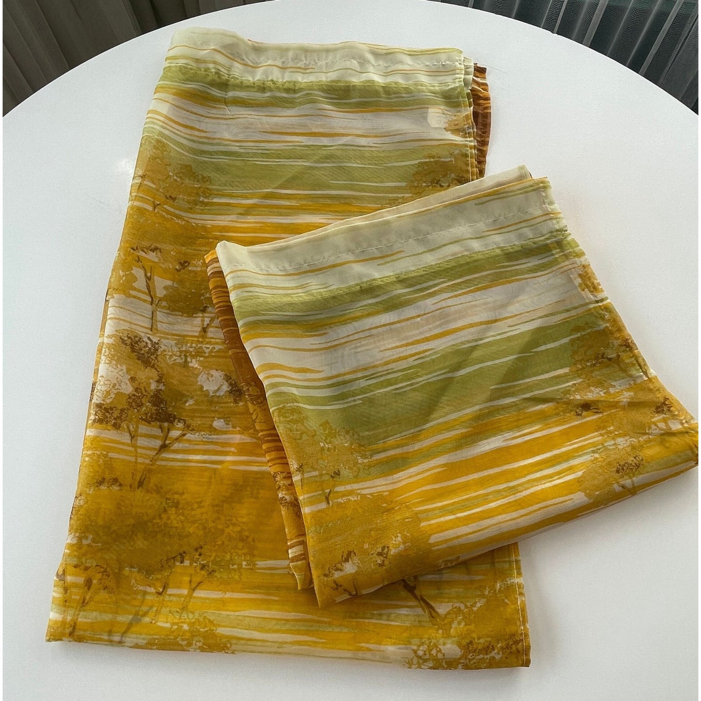 Vintage 70s curtains, green orange forest pattern, pair sheer panels