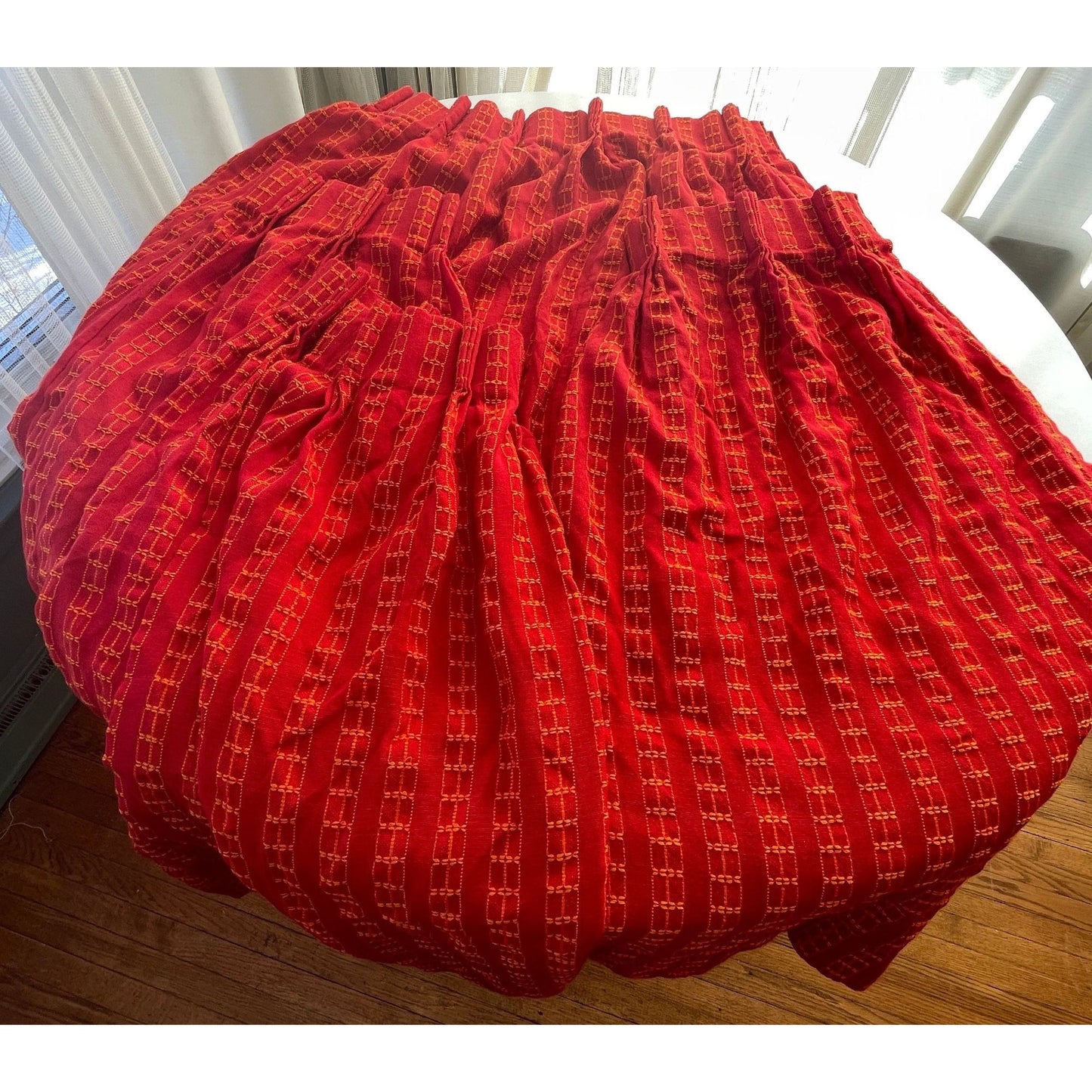 Vintage 70s pleated curtains, pair of red woven panels