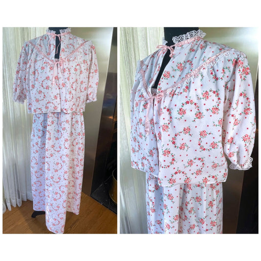 Vintage 1980s peignoir set, white and pink flannel negligee and bed jacket