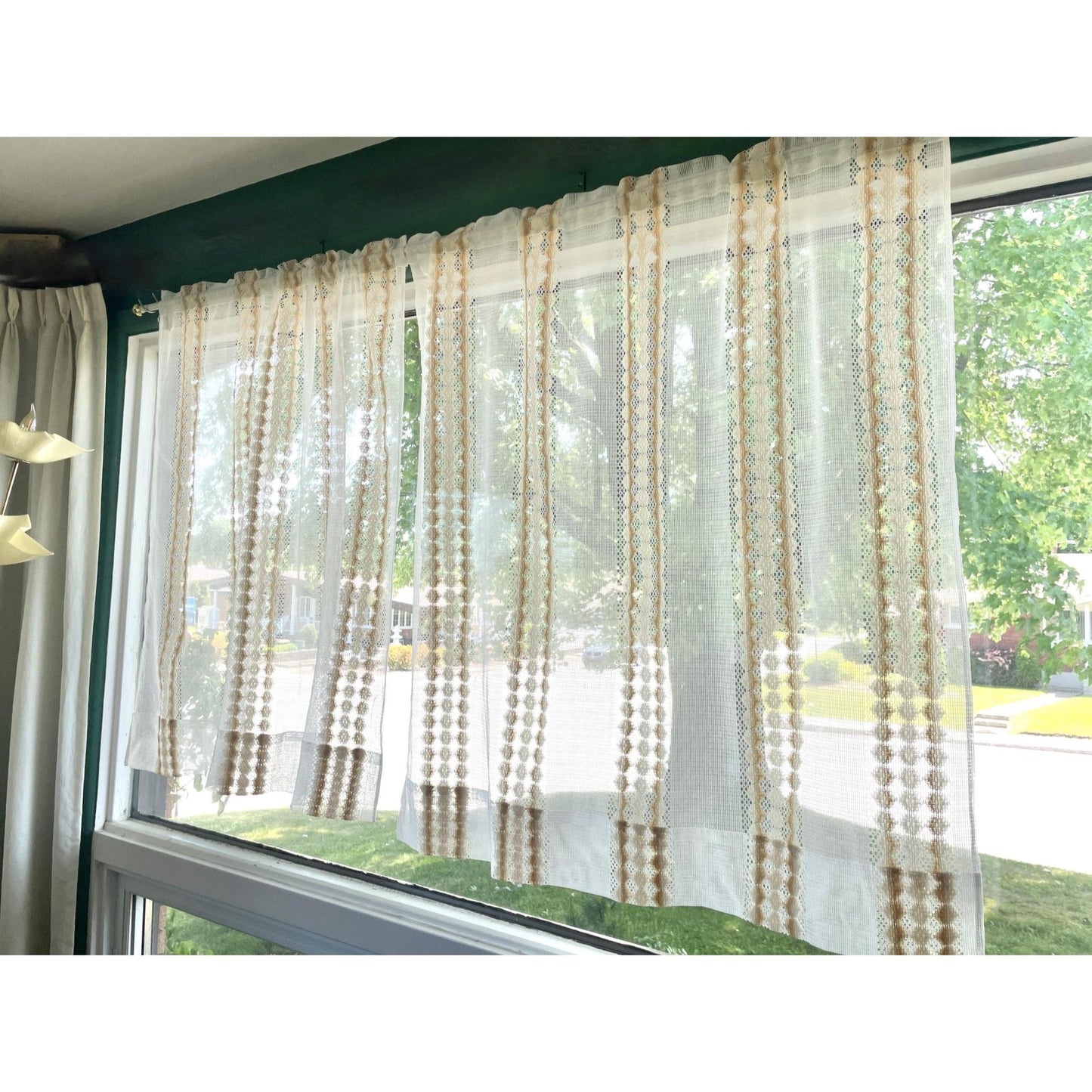 Vintage 70s curtain, white and tan net sheer panel
