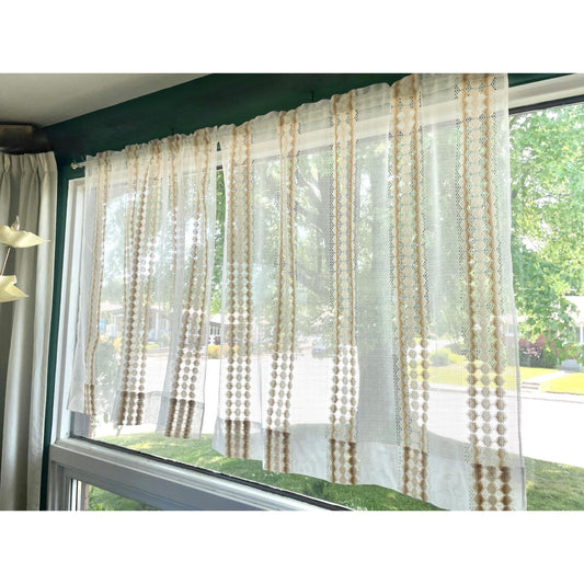 Vintage 70s curtain, white and tan net sheer panel
