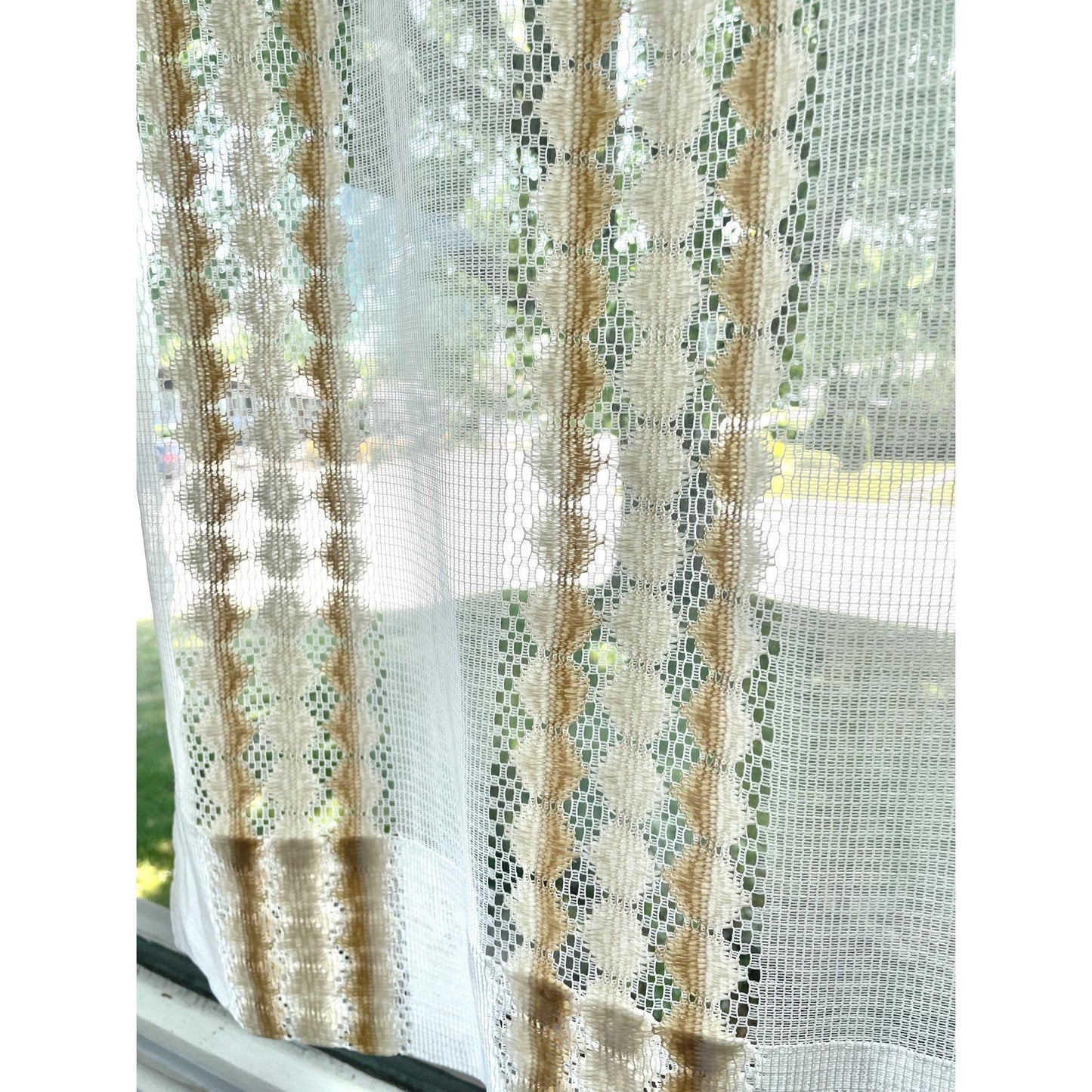 Vintage 70s curtain, white and tan net sheer panel