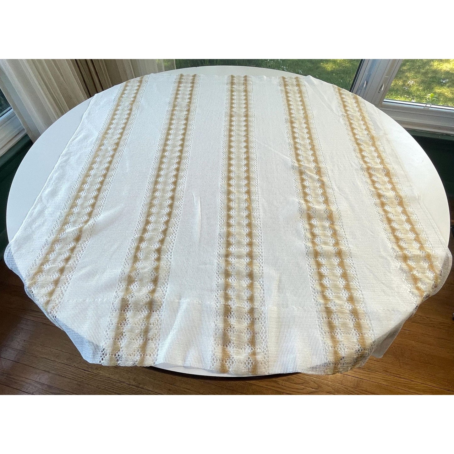 Vintage 70s curtain, white and tan net sheer panel