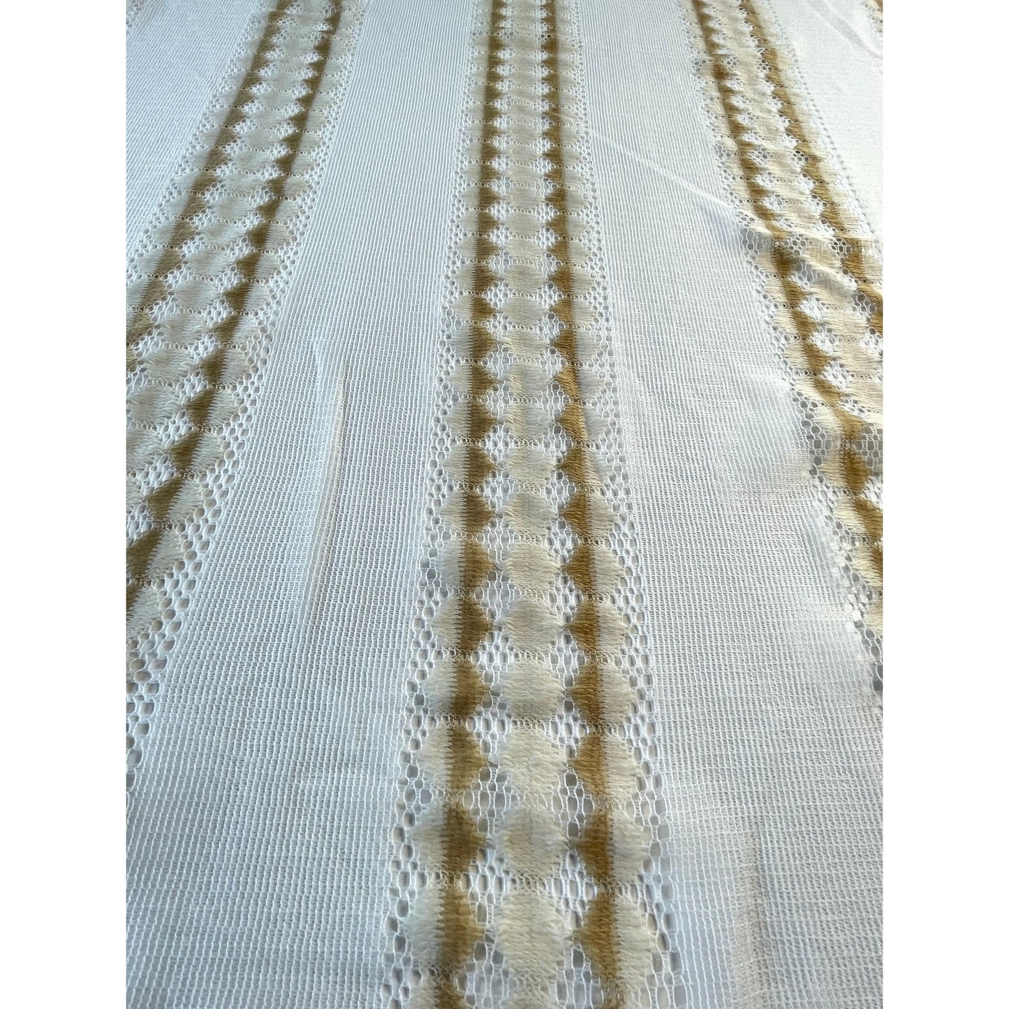 Vintage 70s curtain, white and tan net sheer panel