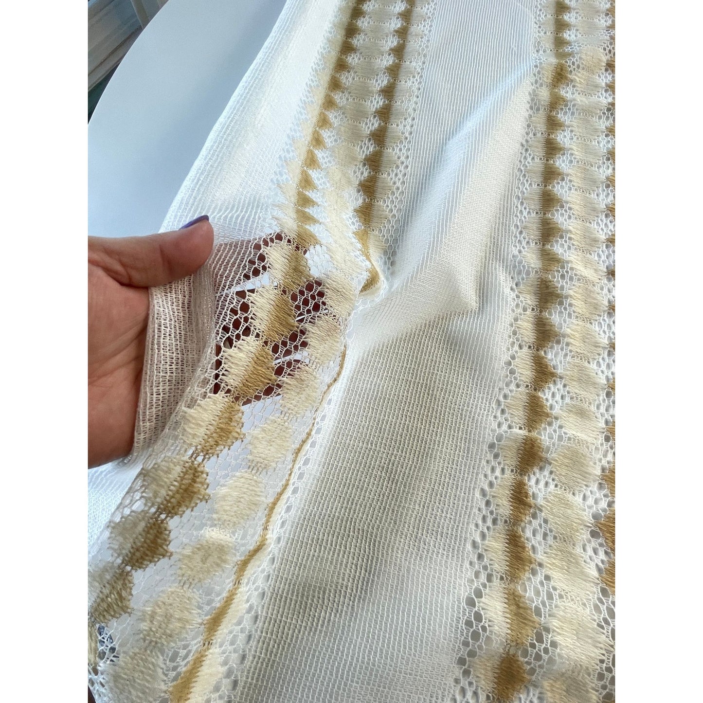 Vintage 70s curtain, white and tan net sheer panel