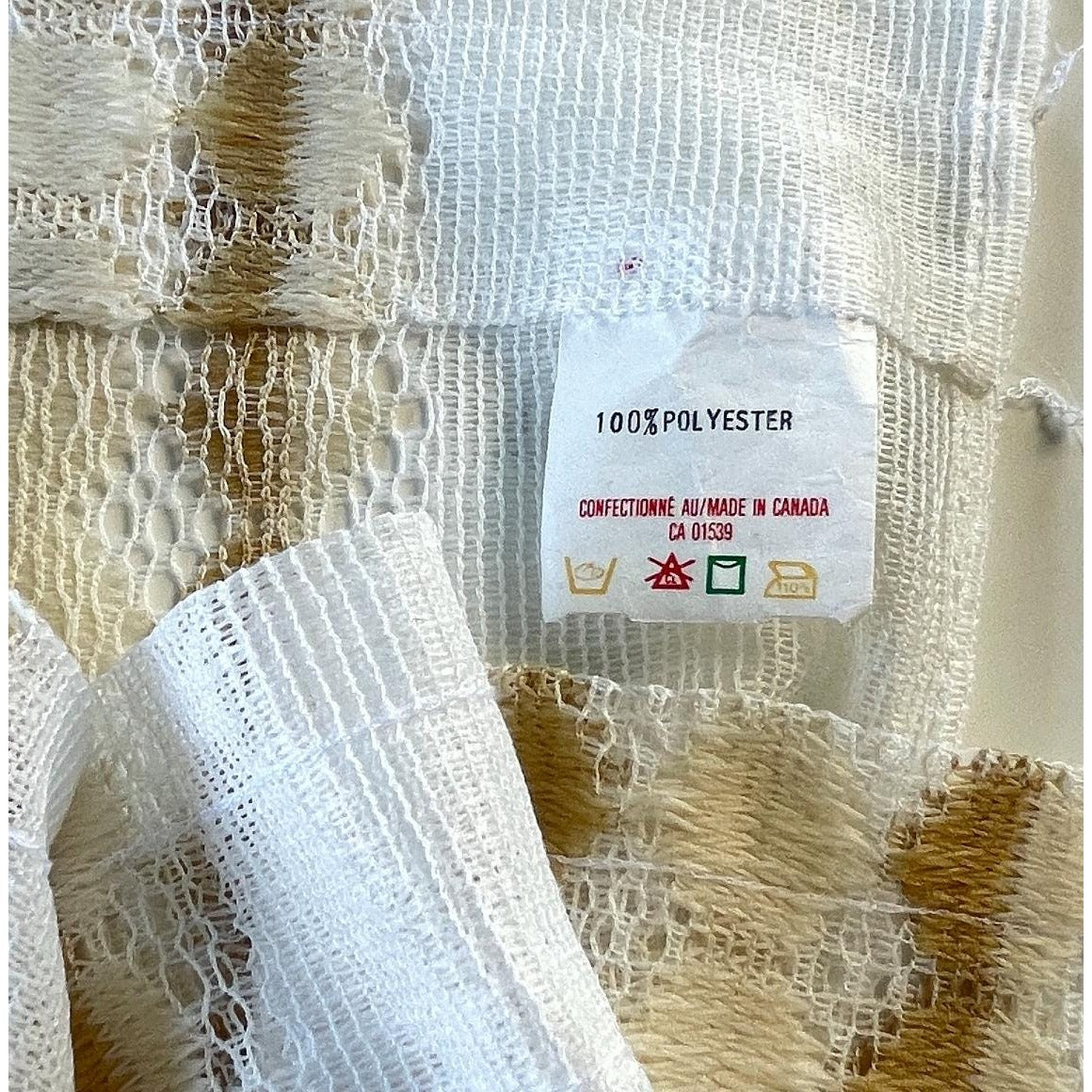 Vintage 70s curtain, white and tan net sheer panel