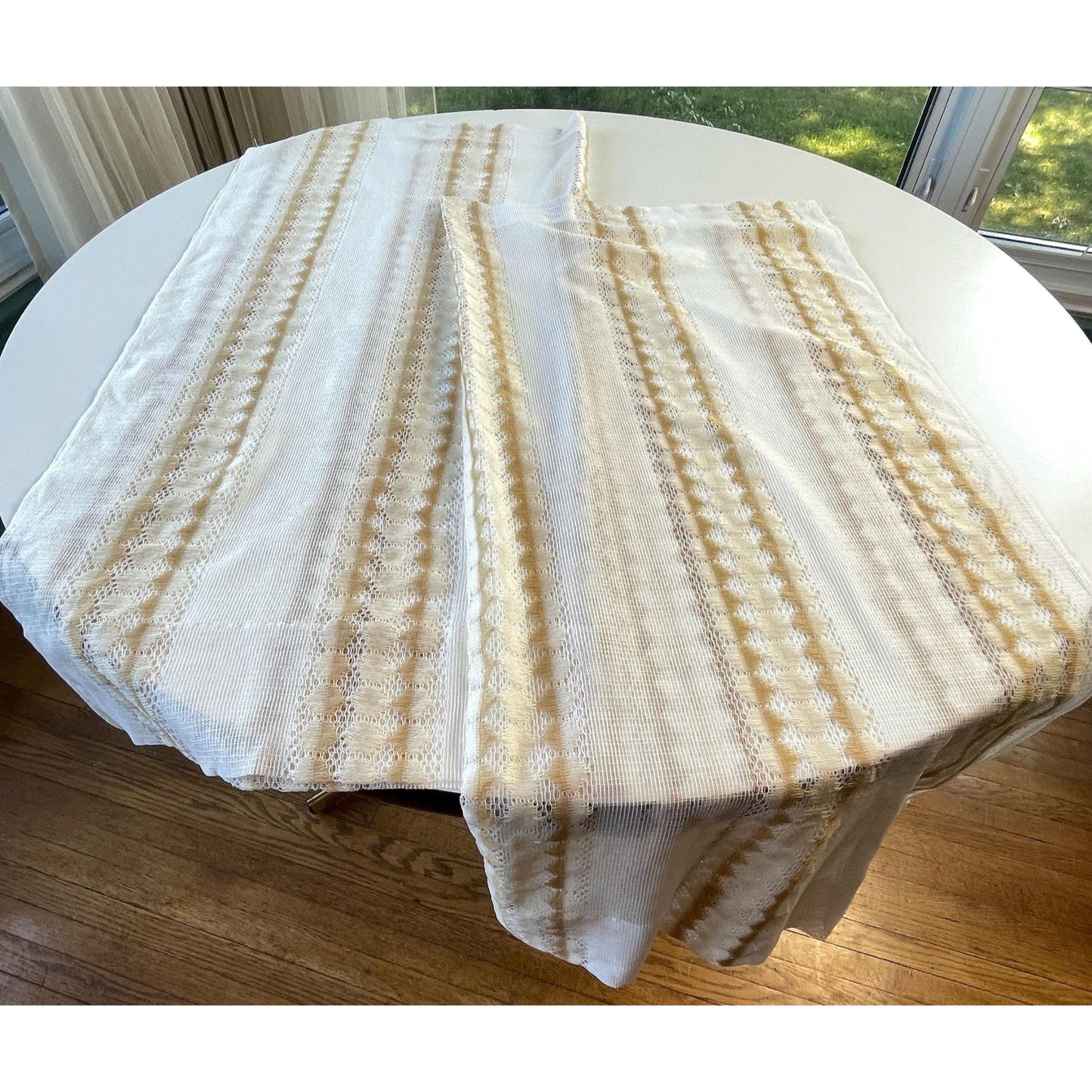 Vintage 70s curtain, white and tan net sheer panel