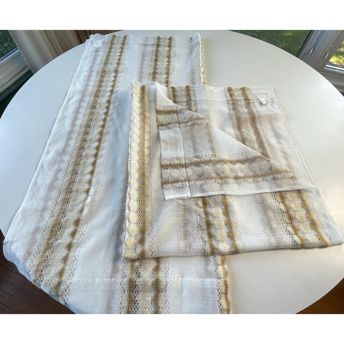 Vintage 70s curtain, white and tan net sheer panel