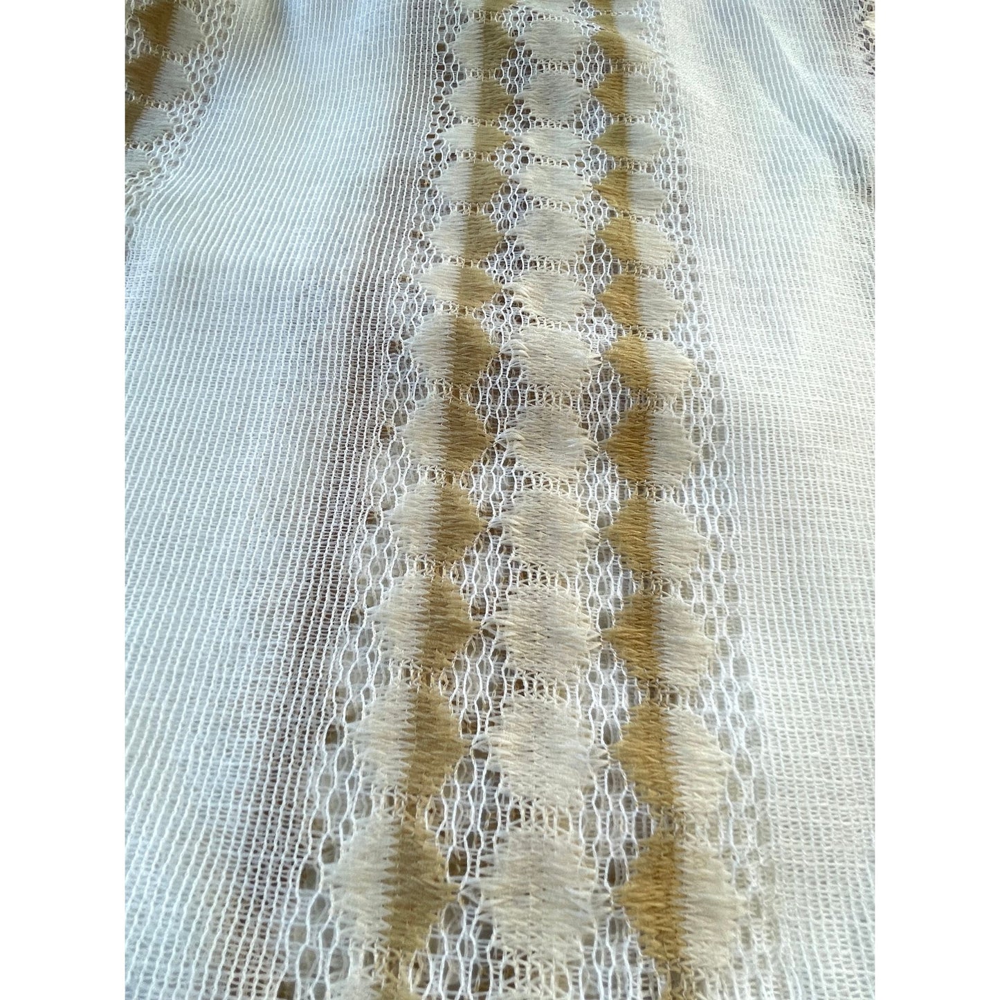 Vintage 70s curtain, white and tan net sheer panel