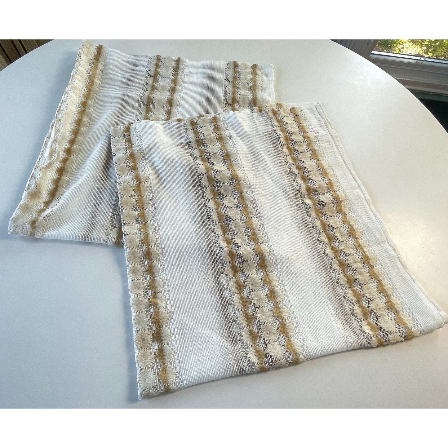 Vintage 70s curtain, white and tan net sheer panel